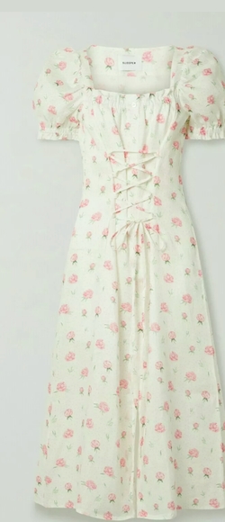 SLEEPER MARQUISE LINEN LACE UP DRESS IN ROSES XS - Picture 4 of 7